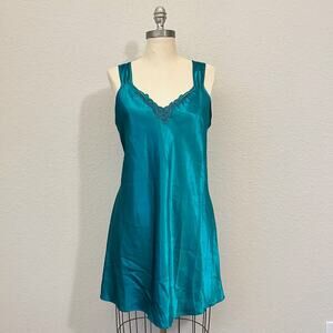 VTG ADONNA Mini Slip Dress Teal Satin Sleeveless Nightgown Lingerie